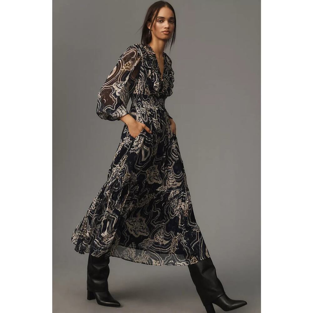 NWD Anthropologie Printer Johnson V-Neck Textured Midi Dress Sz XSP Petite 7E466